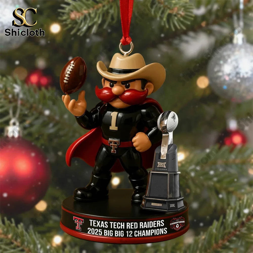 Cowboy mascot ornament holding a football beside a championship trophy on a Christmas tree.