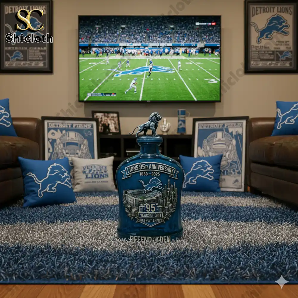 Detroit Lions anniversary whiskey decanter displayed in football themed living room!