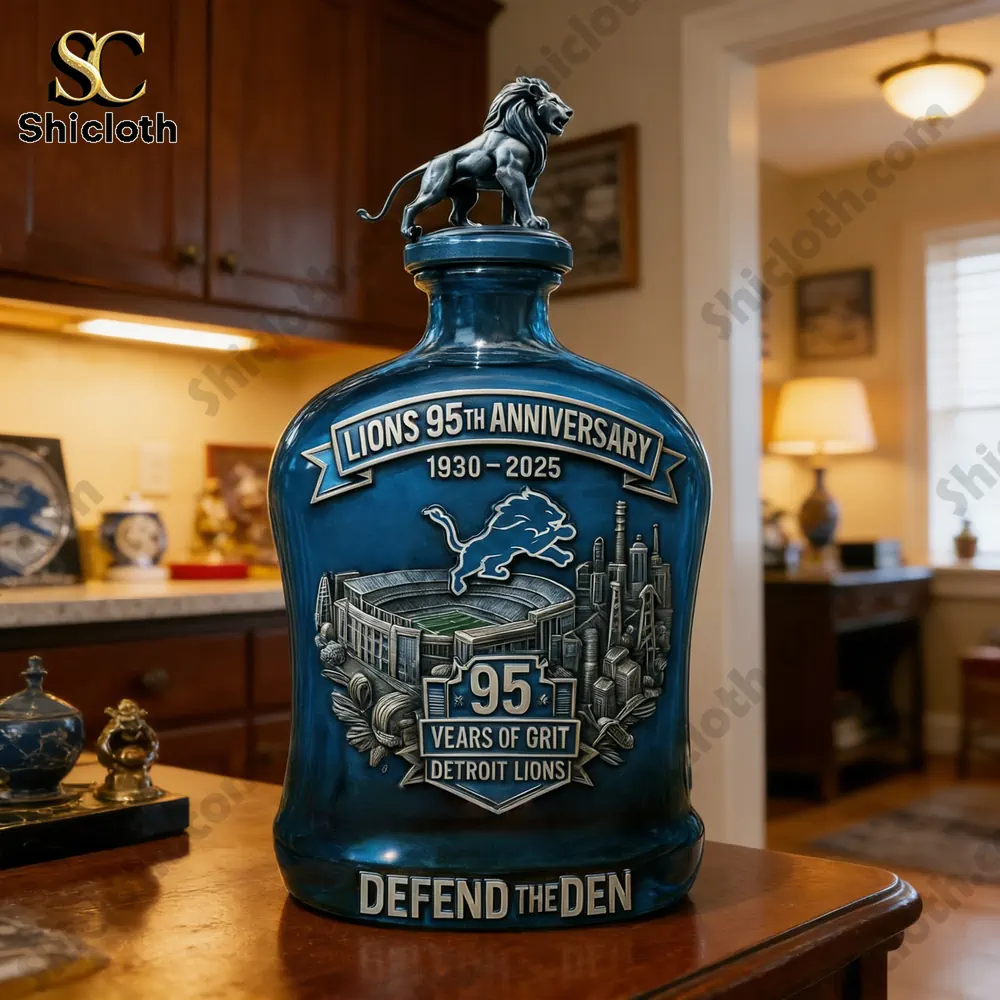 Detroit Lions ninety five anniversary whiskey decanter close up on wooden table!