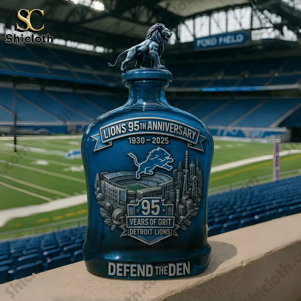 Detroit Lions 95th Anniversary Whiskey Bottle 3 Detroit Lions anniversary whiskey decanter displayed inside football stadium!