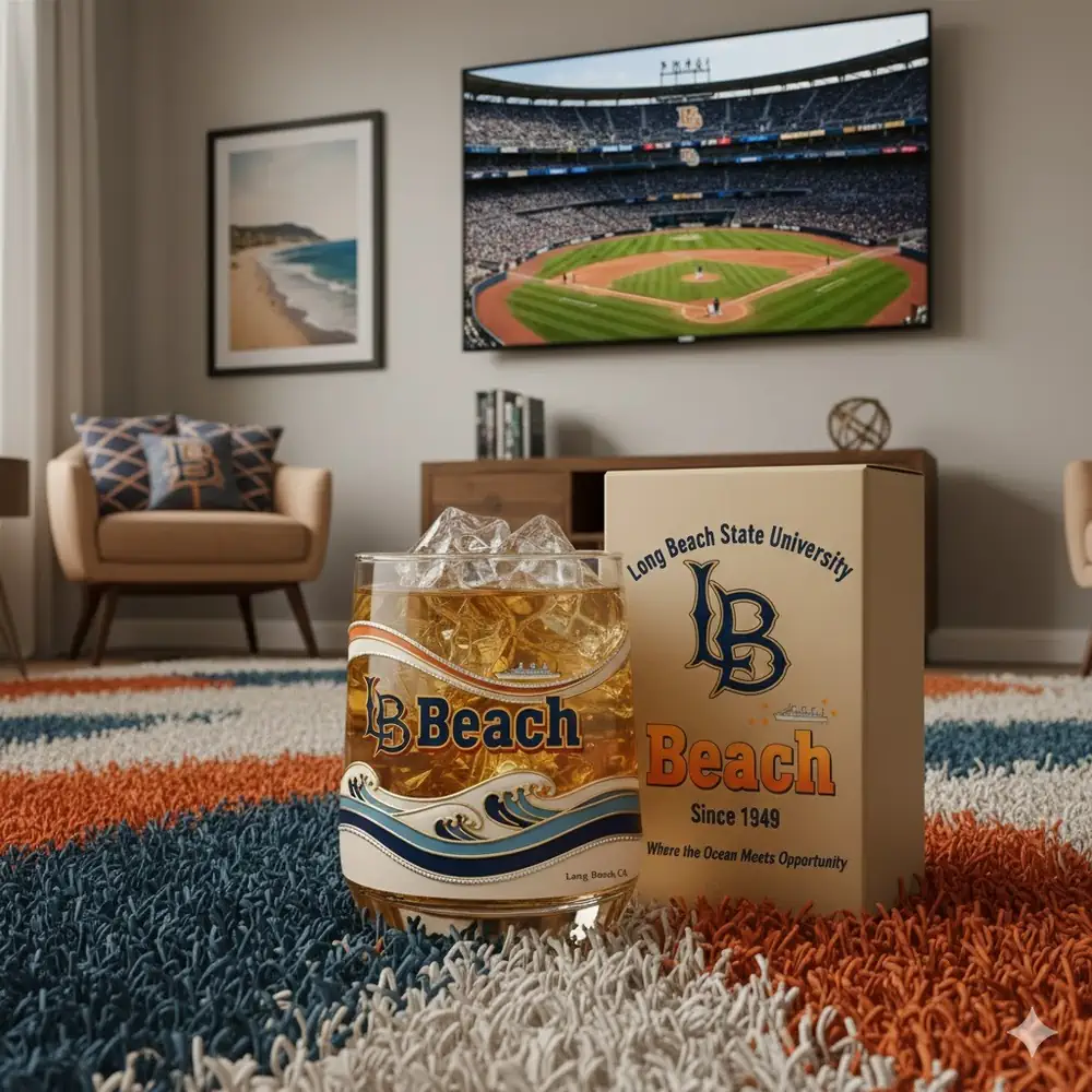 Glass with Long Beach design placed on a colorful rug in a living room with a baseball game on a television screen!