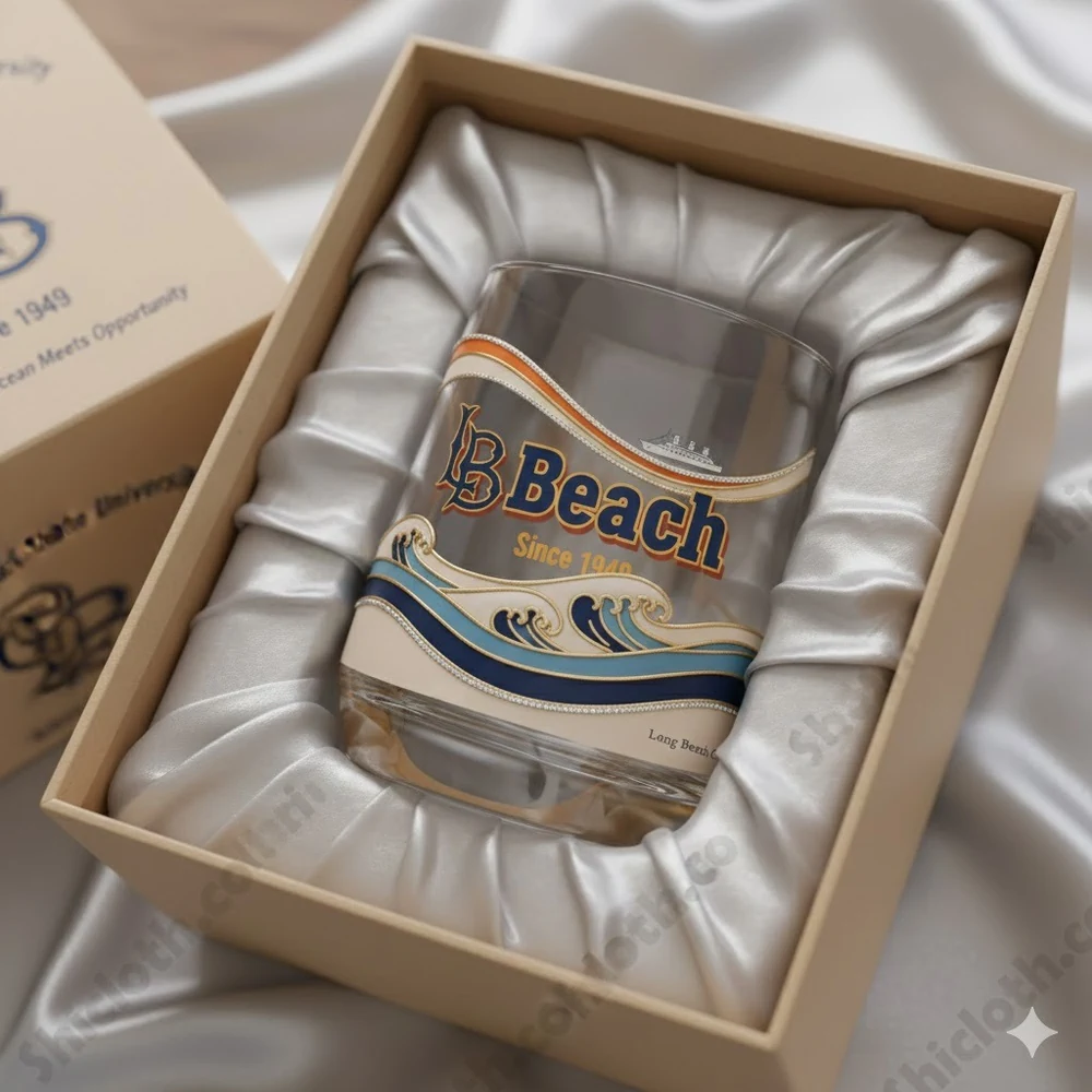 Long Beach themed glass placed inside a satin lined gift box!