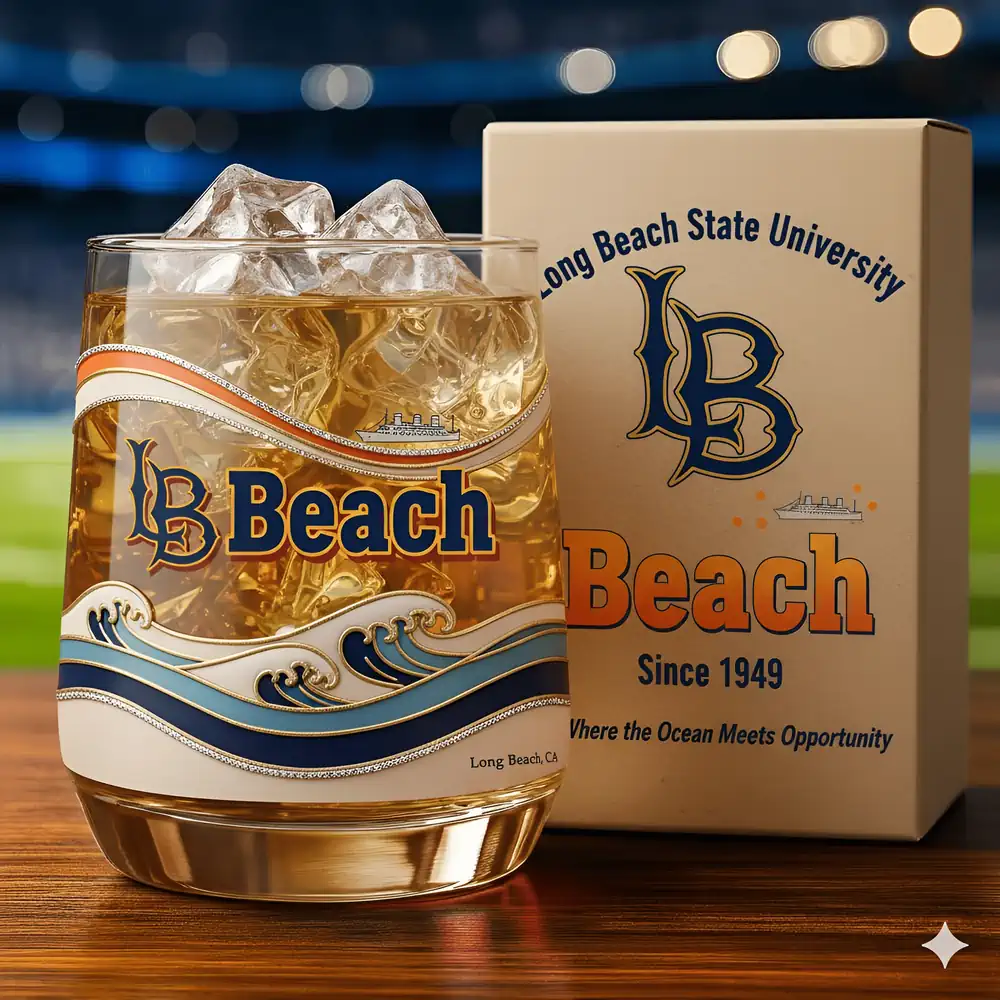 Long Beach State University Beach Christmas Whiskey Glass 3 Long Beach themed glass with ice beside product box in a stadium setting!