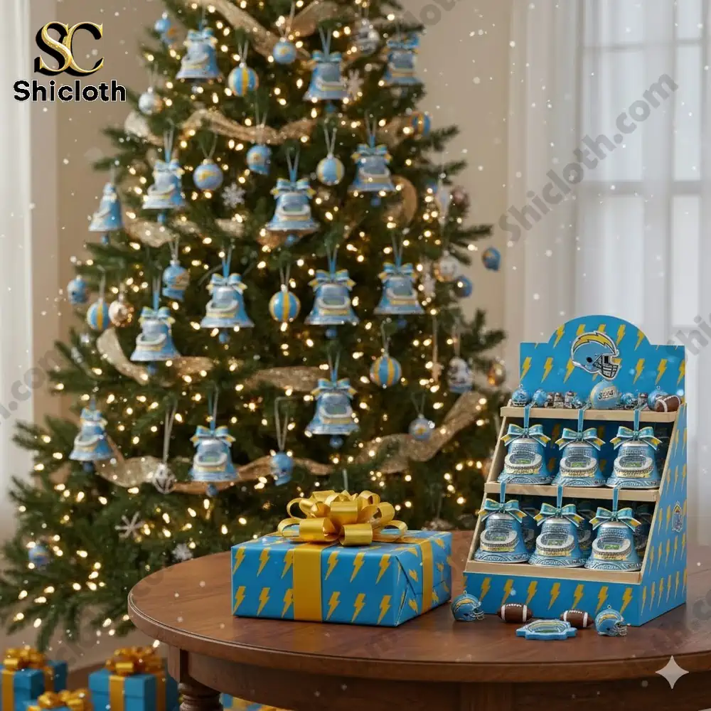 Christmas tree decorated with Los Angeles Chargers themed ornaments and gift display.