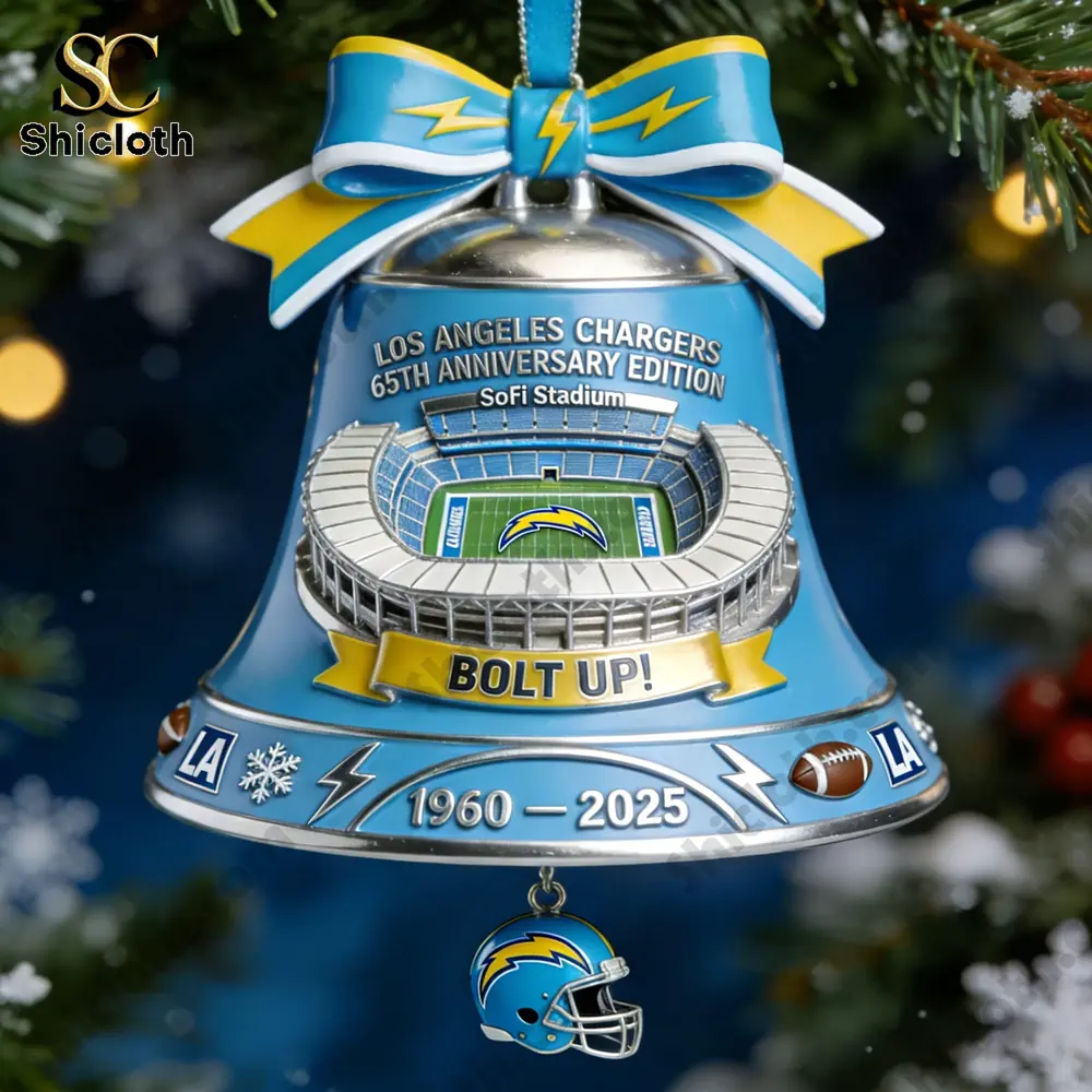 Close view of a Chargers themed bell ornament featuring SoFi Stadium and team details.