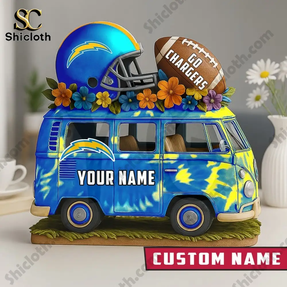 Los Angeles Chargers themed blue van decor with helmet and football on top.