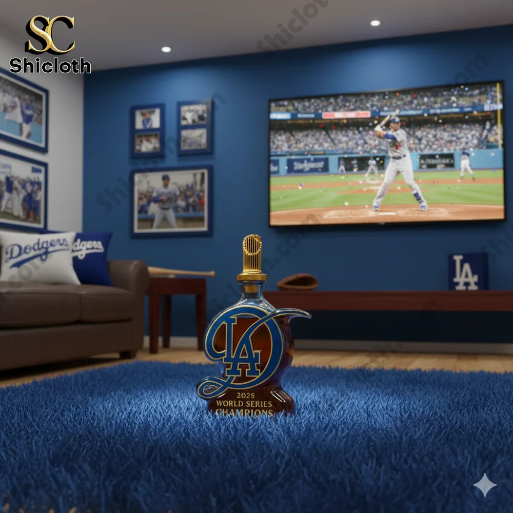 Los Angeles Dodgers themed whiskey bottle displayed in a baseball fan living room!