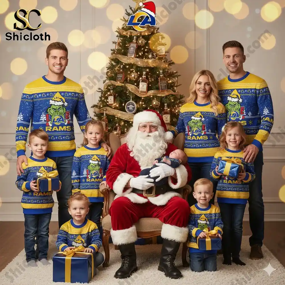 Los Angeles Rams The Grinch wearing a Santa Claus hat Ugly Christmas Sweaters