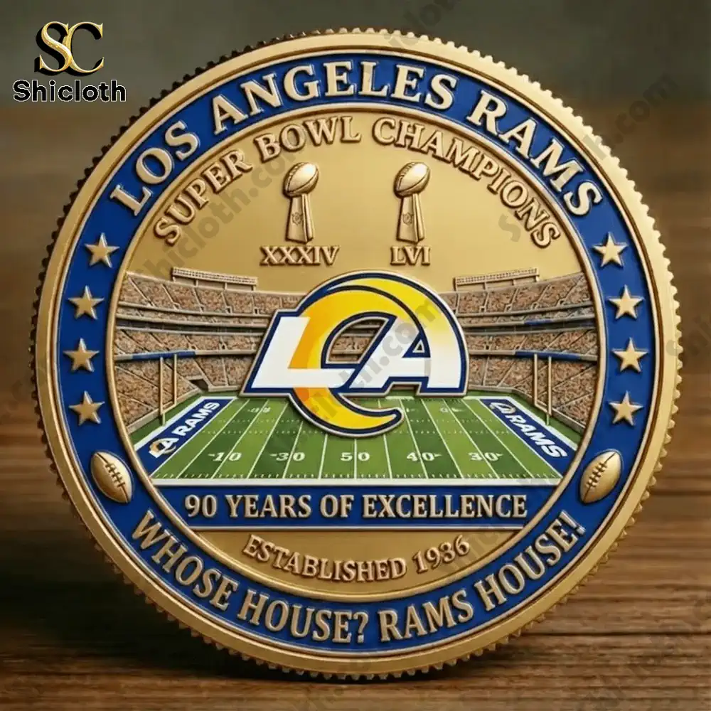 Los Angeles Rams commemorative coin front with logo and Super Bowl trophies!