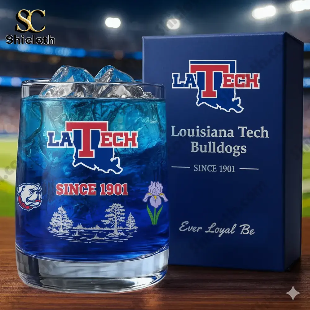 Louisiana Tech Bulldogs glass with blue drink and branded gift box!