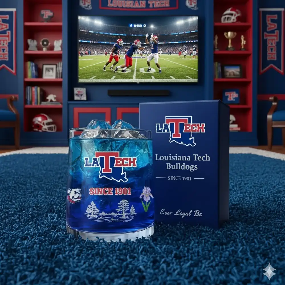 A Louisiana Tech themed glass with blue drink and ice displayed in a sports themed room with a football game on a television.