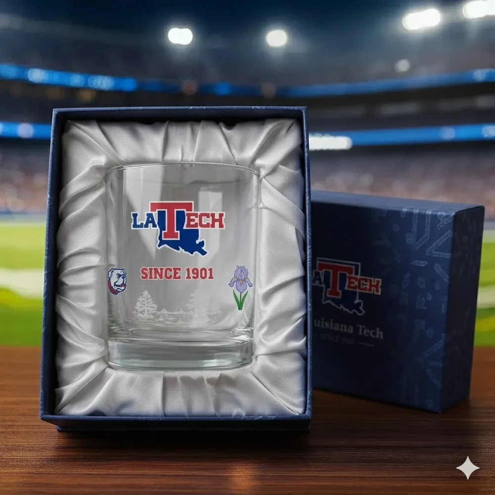 A clear Louisiana Tech themed glass set inside a satin lined gift box.