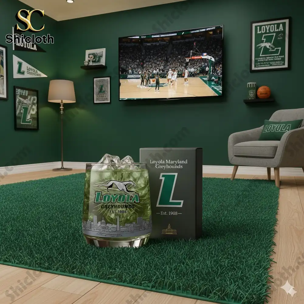 A green themed room with Loyola Greyhounds decor a drink and a box placed on a green rug!