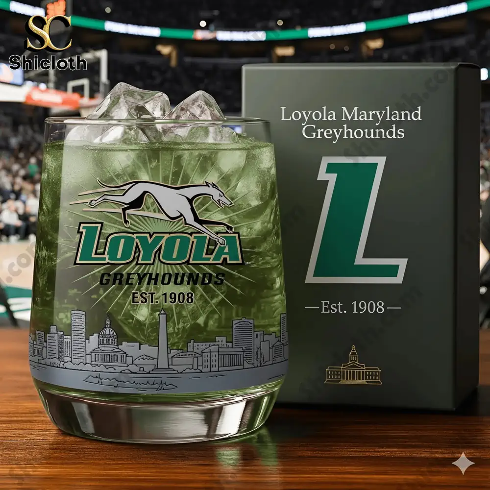 A green Loyola Greyhounds drink and a box placed in a basketball arena setting!
