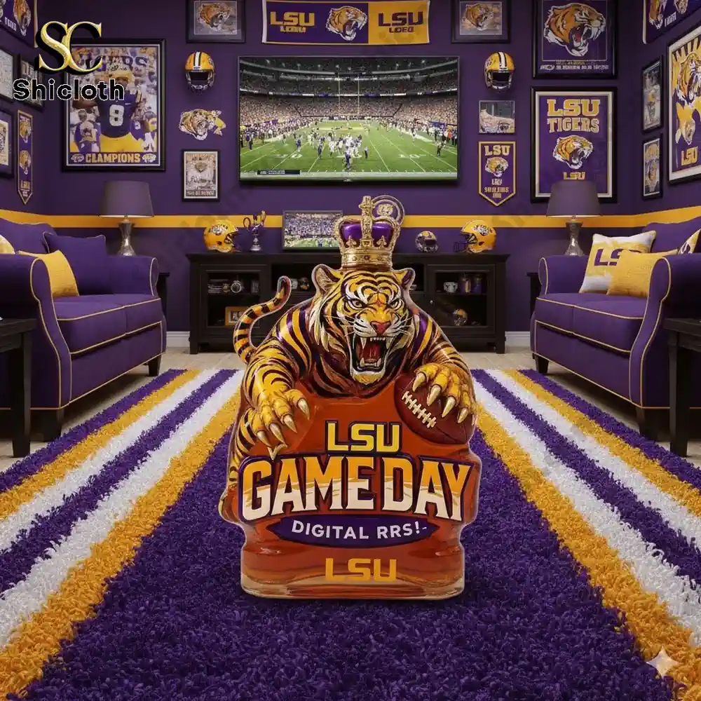 A decorated LSU themed room with a tiger GameDay display in the center.