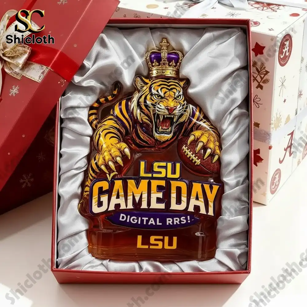 A boxed LSU GameDay tiger display presented in a gift package.