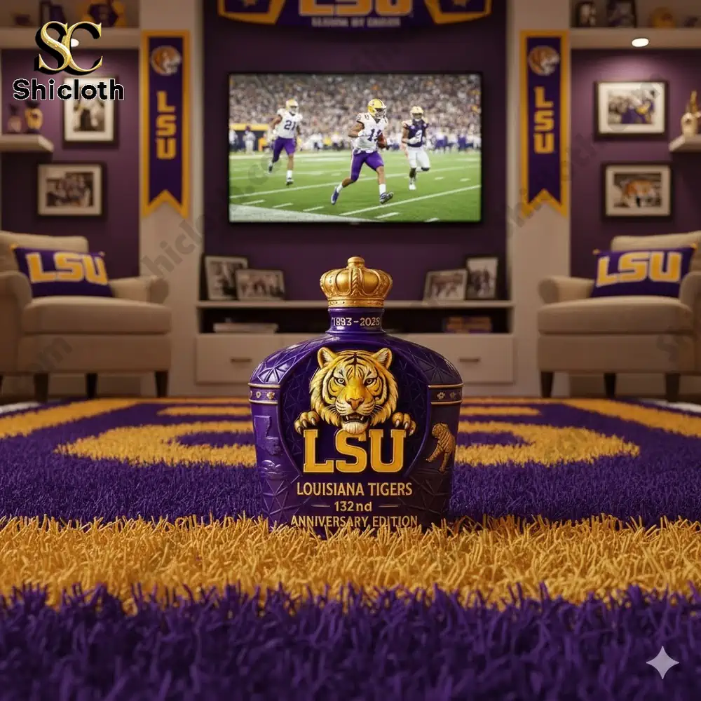 LSU anniversary bottle displayed on a purple and gold themed room floor with a game on the TV.