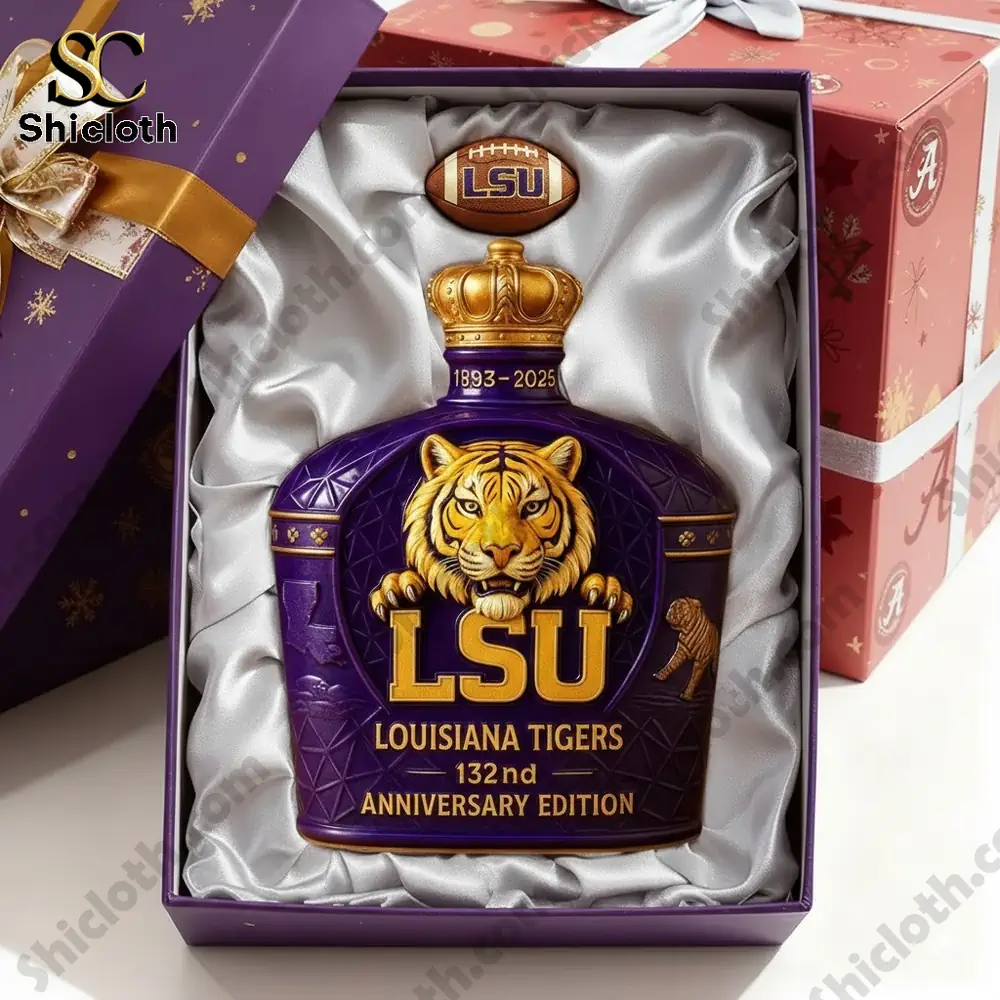 LSU anniversary bottle in a gift box lined with white satin.