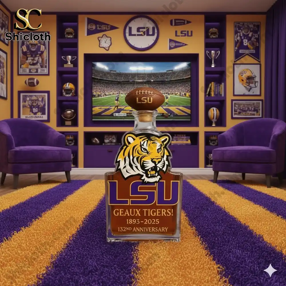 A decorative LSU themed bottle displayed in a purple and gold fan room with LSU sports memorabilia.