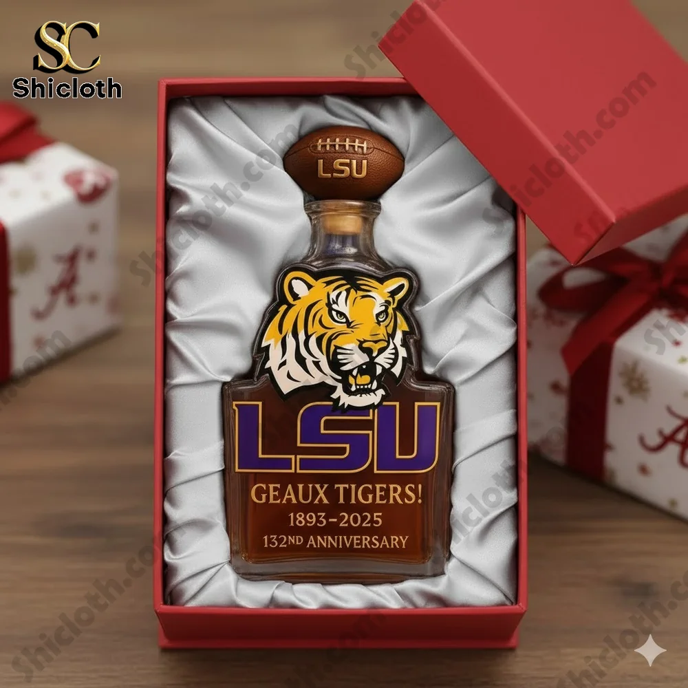 A boxed LSU themed anniversary bottle with a tiger logo displayed in a gift package.