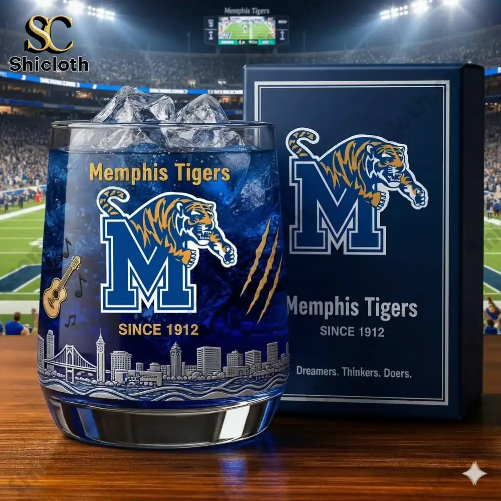 Glass with Memphis Tigers logo and its box set against a stadium background!