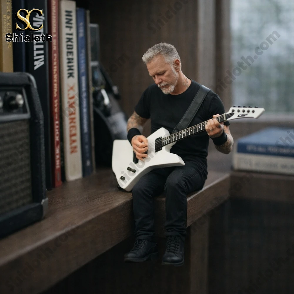 A miniature man playing electric guitar on a bookshelf scene for Shicloth!