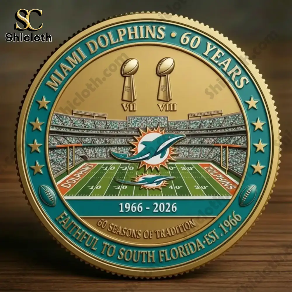 Miami Dolphins sixty year anniversary coin on wooden background!