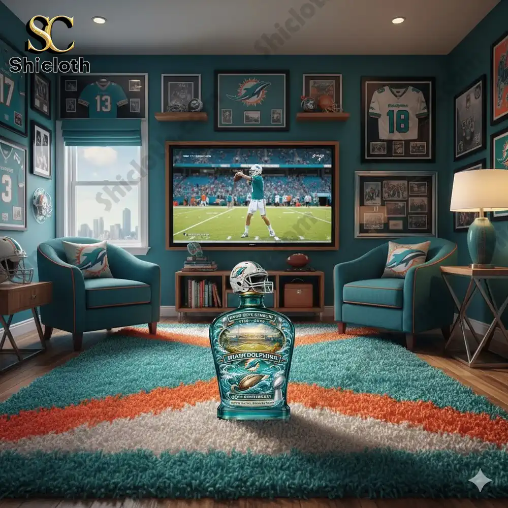 Miami Dolphins themed living room with decorative anniversary bottle!