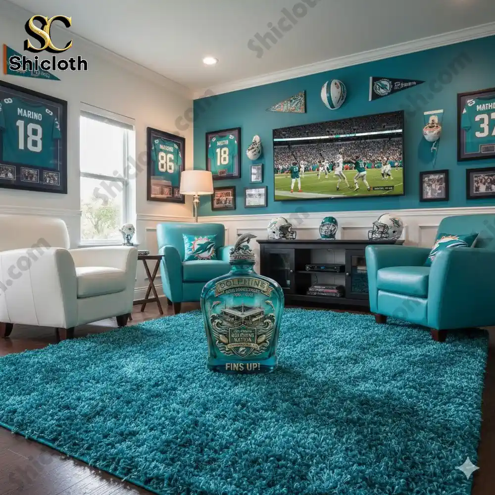 Miami Dolphins 60th Anniversary Fins Up Whiskey Bottle 3 Miami Dolphins whiskey bottle displayed in fan living room!