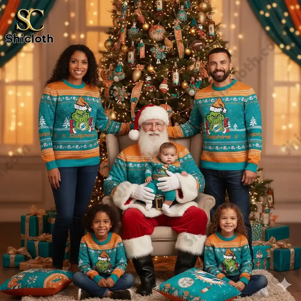 Miami Dolphins The Grinch wearing a Santa Claus hat Ugly Christmas Sweaters