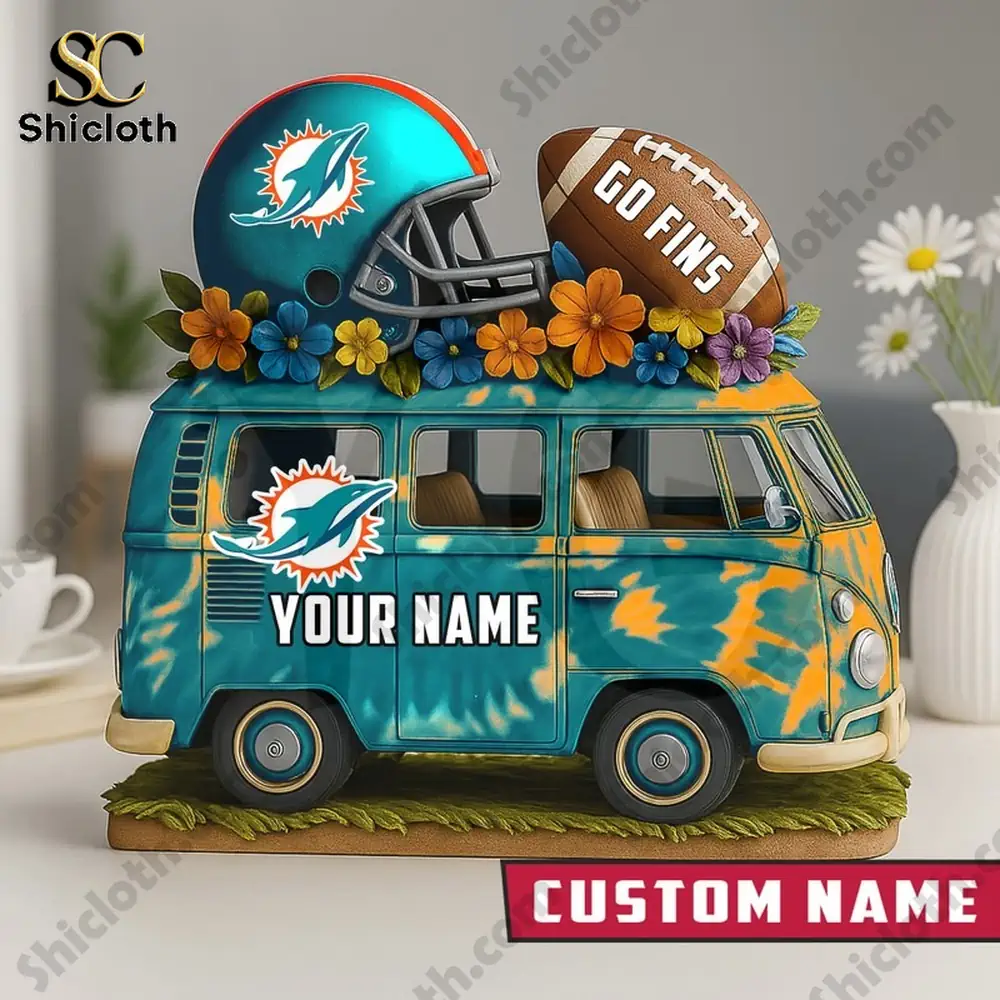Miami Dolphins van decor with helmet and football on tabletop!