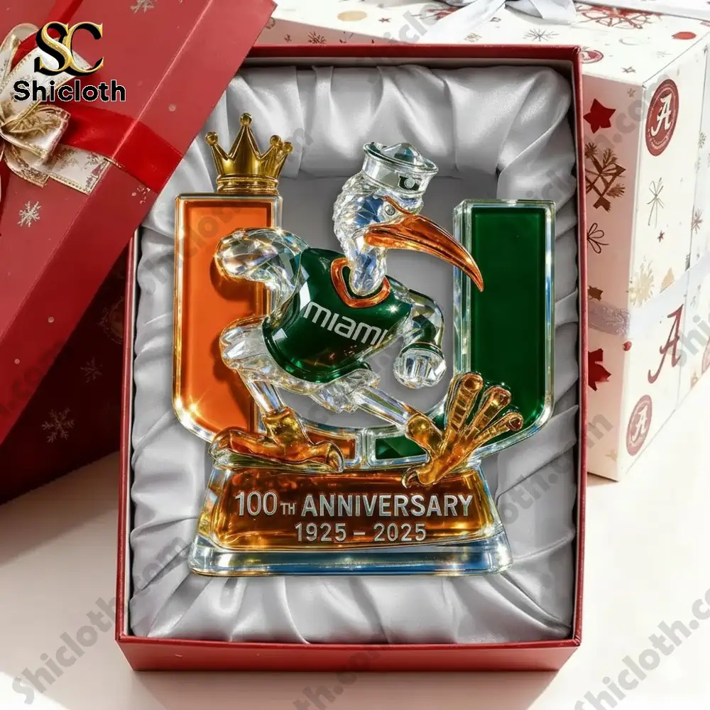 A crystal Miami mascot figure placed inside a gift box with padded lining!