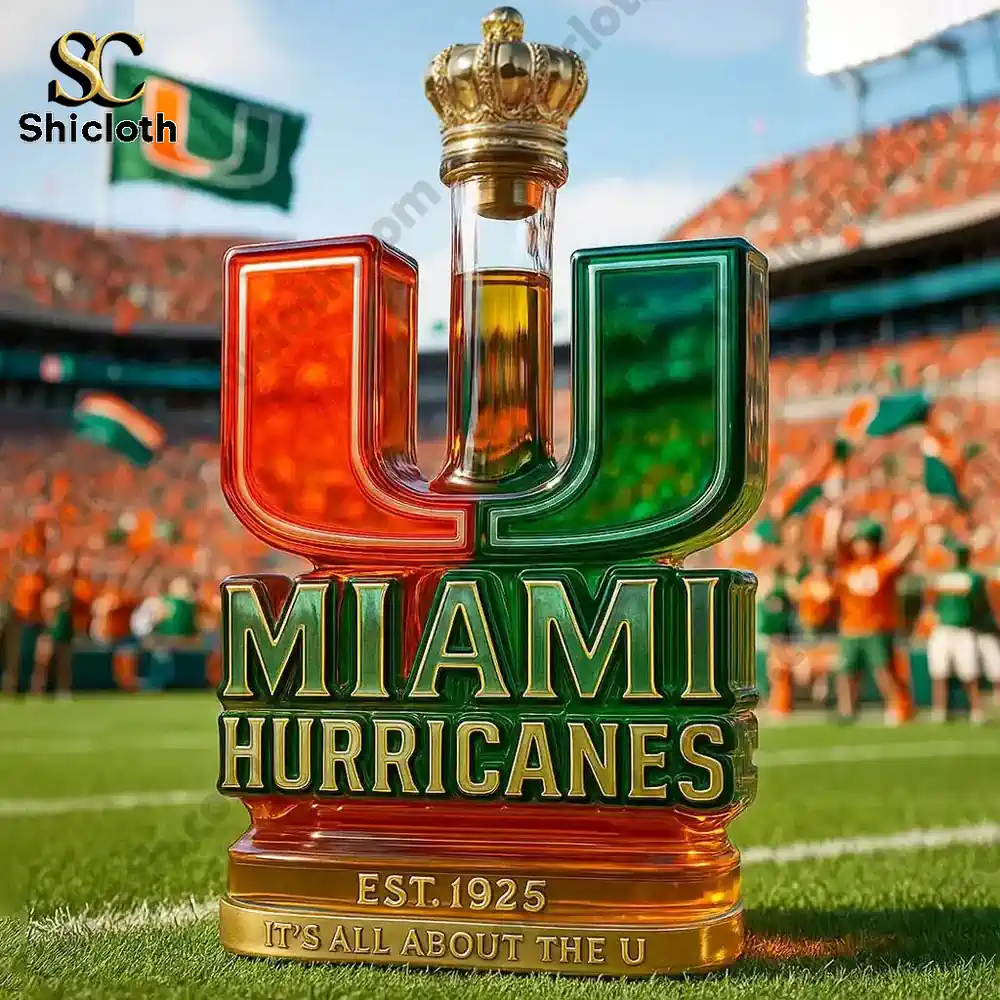 A Miami Hurricanes themed bottle shaped like the team logo displayed on a football field with fans in the background!
