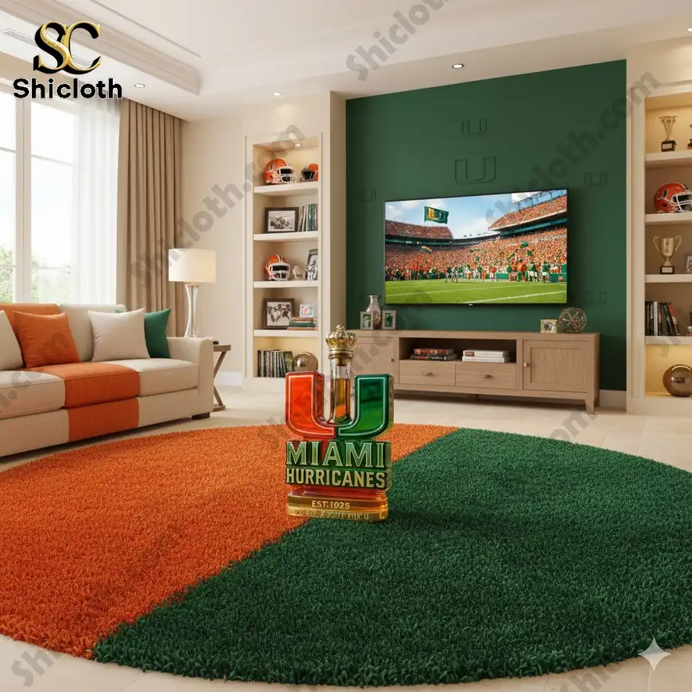 A Miami Hurricanes themed bottle placed on a rug in a living room with a game shown on the television!