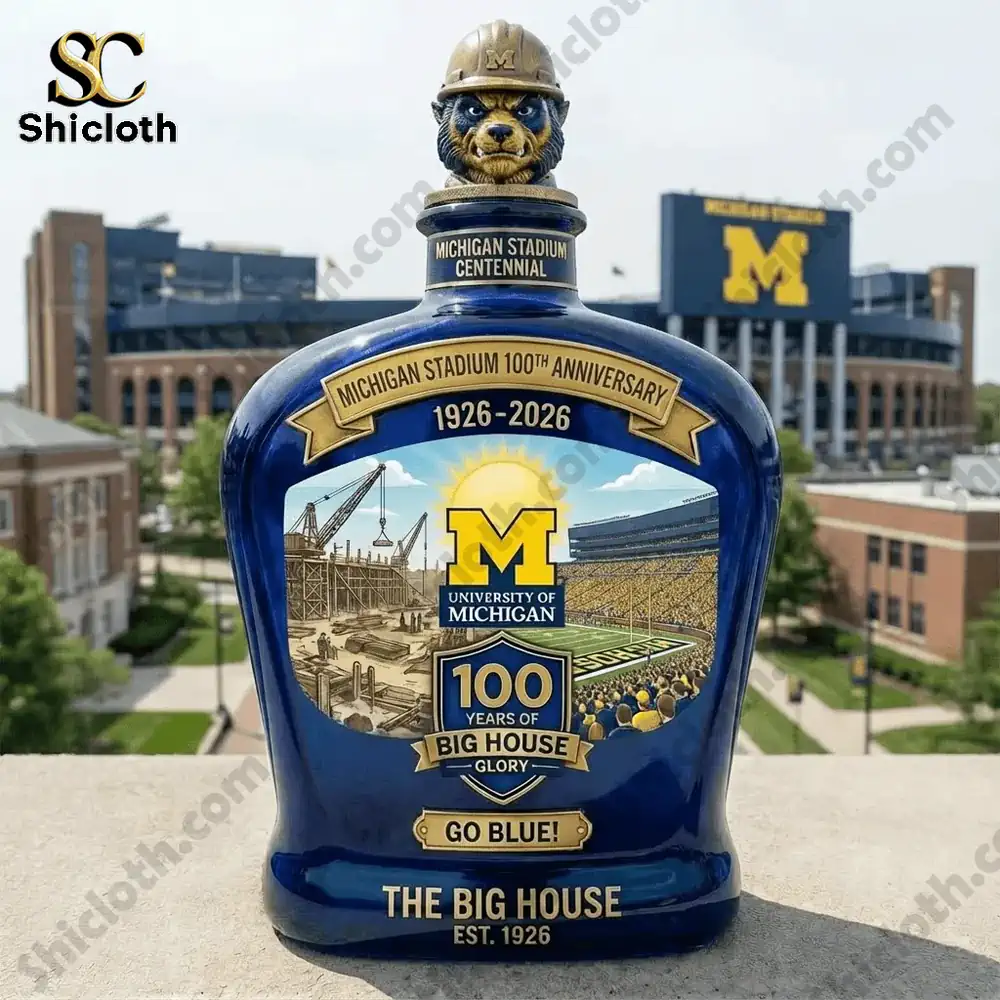 Demogorgon Sculpted Whiskey Glass 190 University of Michigan Big House centennial collector bottle displayed outdoors!
