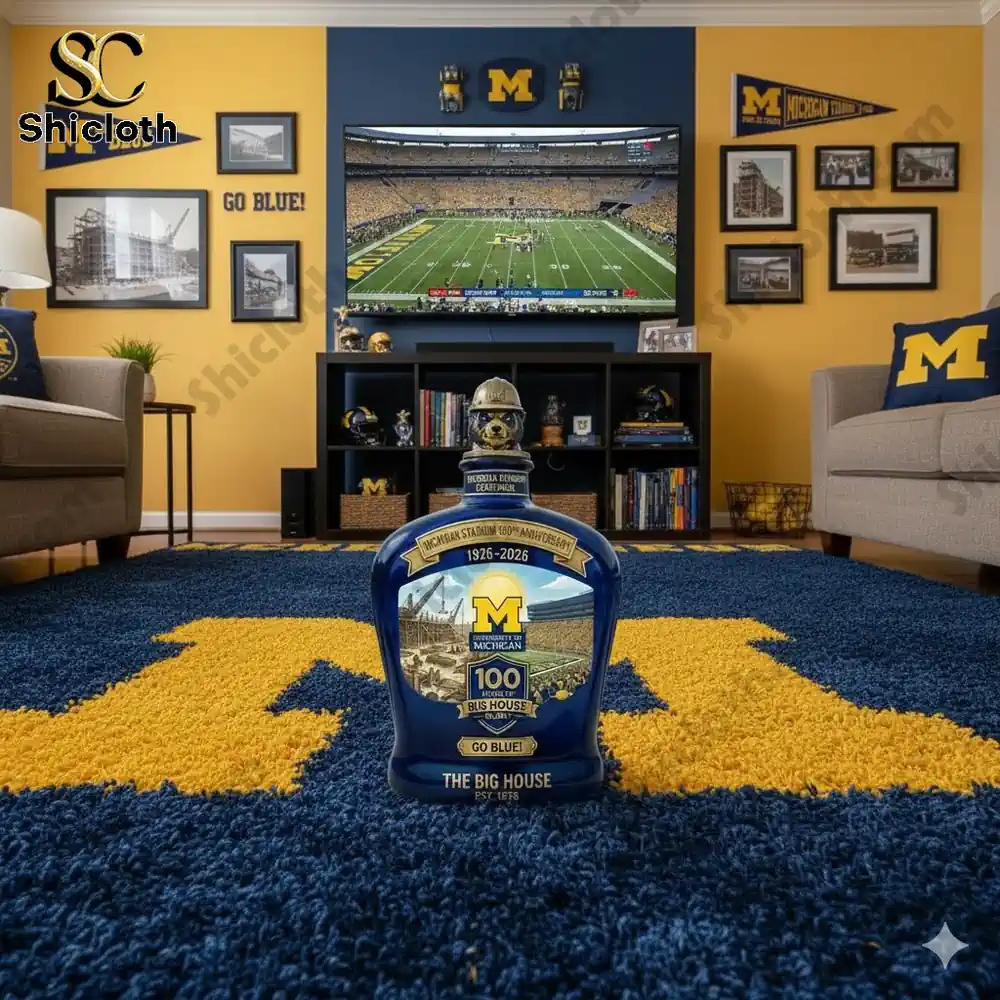 Michigan Big House centennial collector bottle displayed in fan living room!