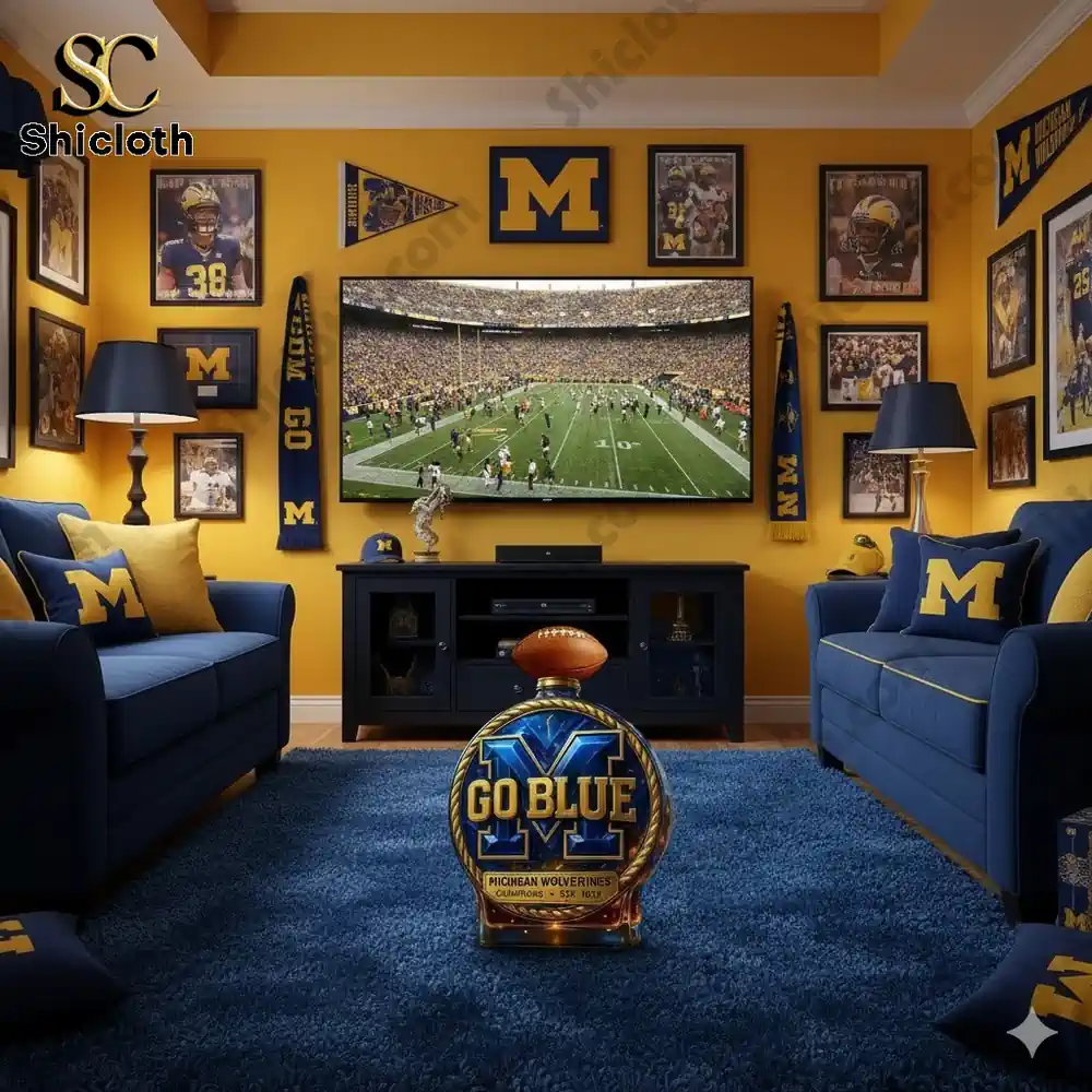A Michigan themed room with blue and yellow decor and a Go Blue display piece on the floor.