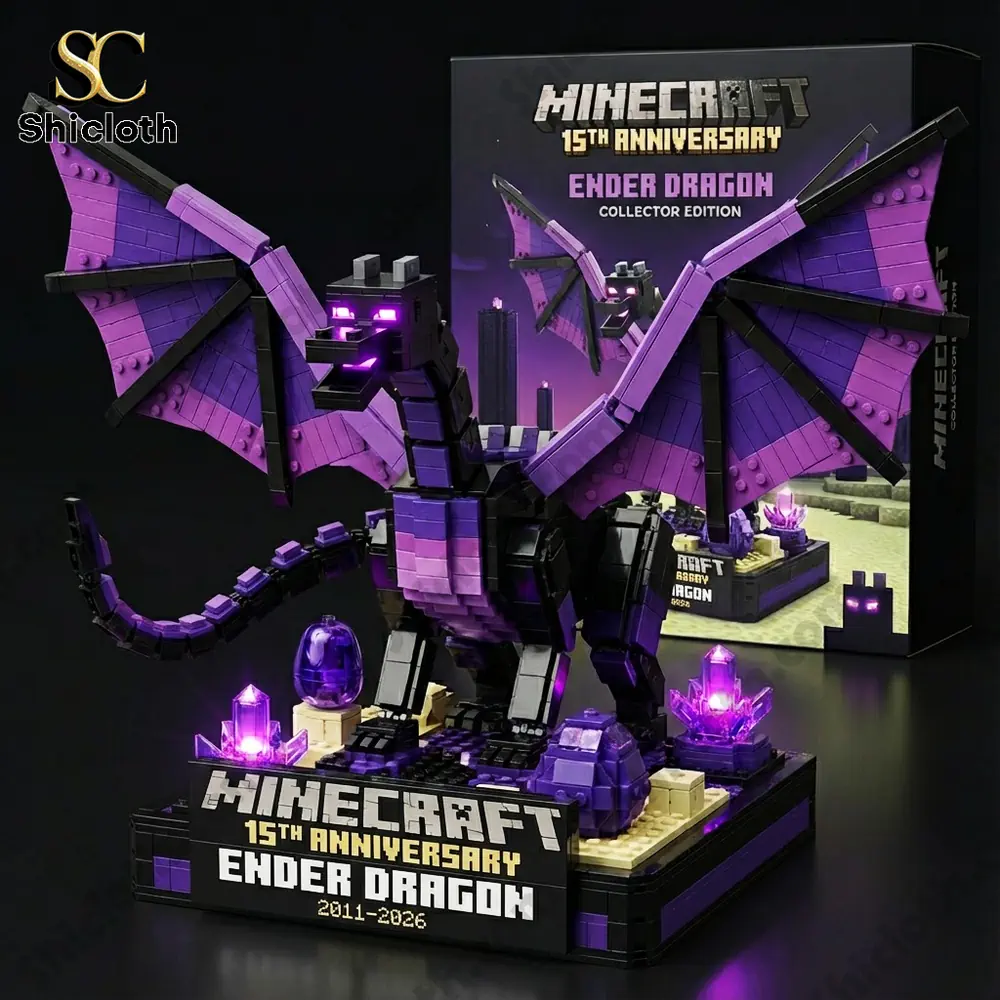 A purple Ender Dragon brick model on a display base with a Minecraft anniversary theme.