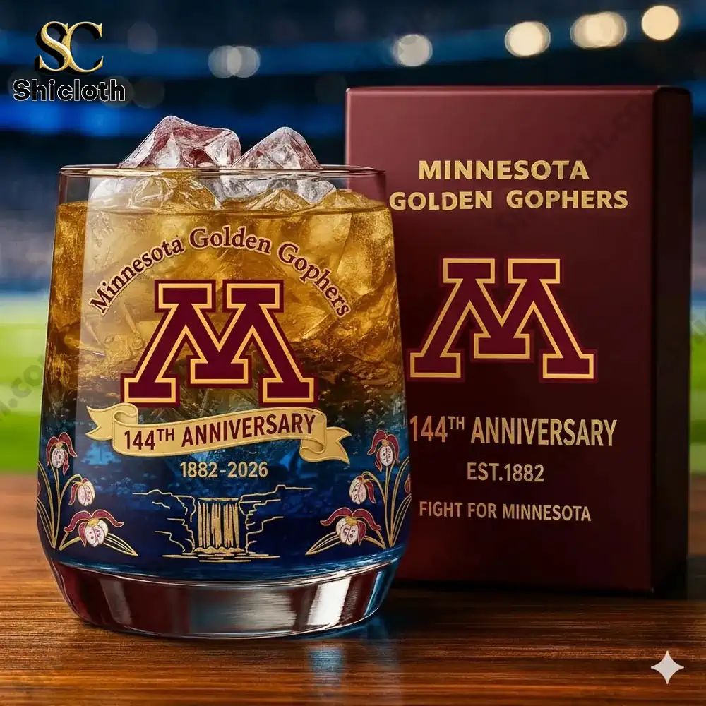 Minnesota Golden Gophers anniversary whiskey glass with gift box on wooden table!