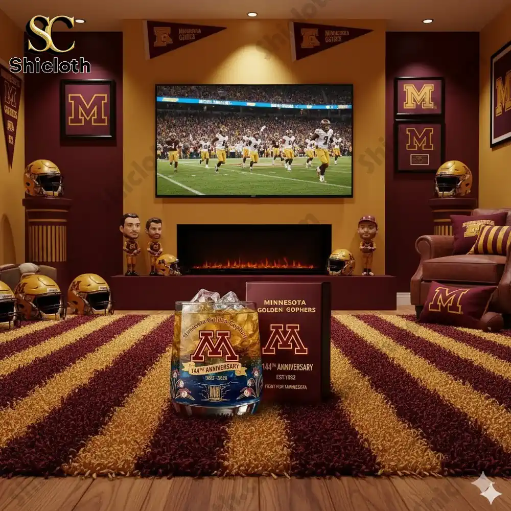 Minnesota Golden Gophers themed sports room with whiskey glass and gift box centerpiece!