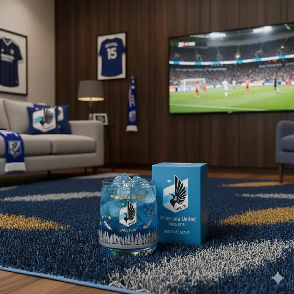 Glass with Minnesota United logo placed on a rug in a soccer themed living room.