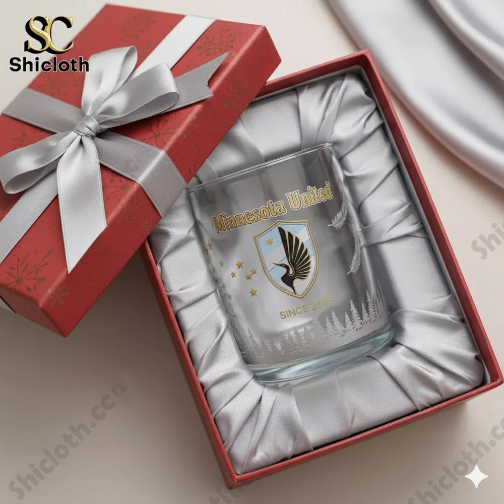 Minnesota United glass placed inside a gift box with satin lining.