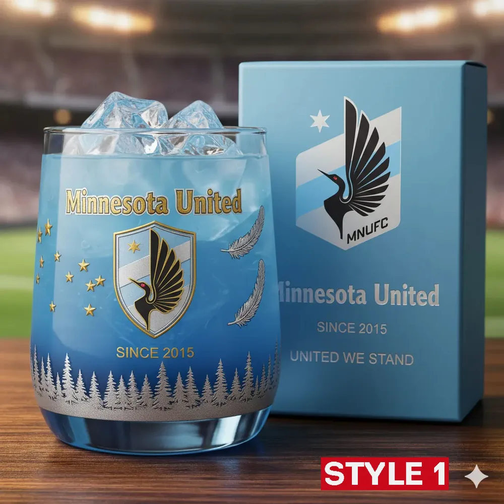 Minnesota United FC Christmas Whiskey Glass 3 Blue themed Minnesota United glass with ice beside a matching product box.