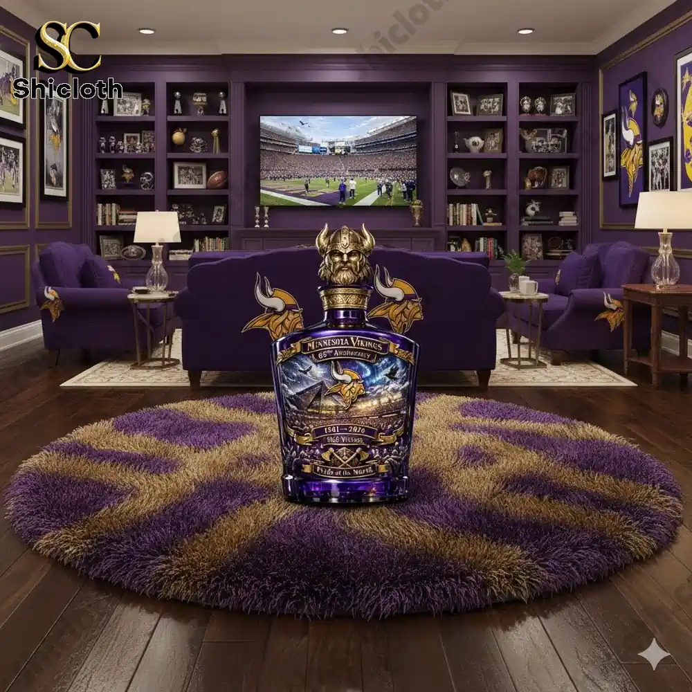 Minnesota Vikings decorative bottle in purple themed living room!