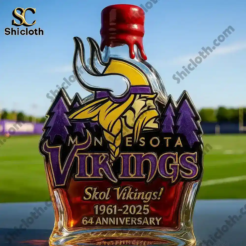 A Minnesota Vikings commemorative bottle on a field sealed with a red wax style cap.