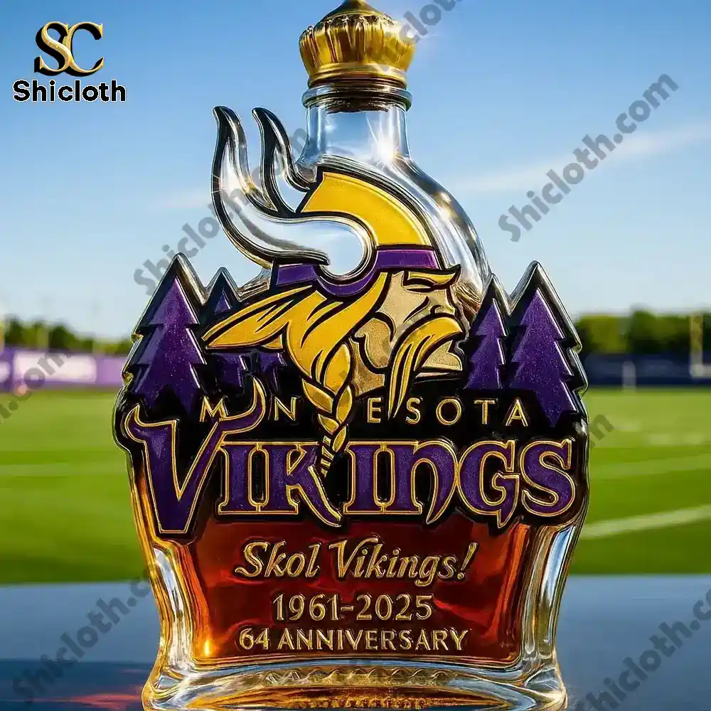 Minnesota Vikings Commemorative Edition Christmas Gift Whiskey Bottle 4 A Minnesota Vikings commemorative bottle on a field with a decorative gold style cap.