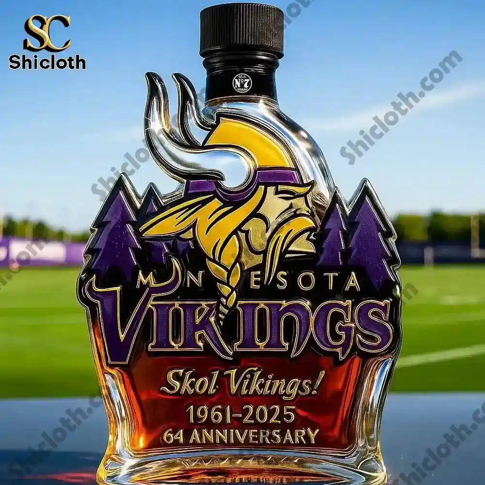 Minnesota Vikings Commemorative Edition Christmas Gift Whiskey Bottle 5 A Minnesota Vikings commemorative bottle on a field with a simple black cap.
