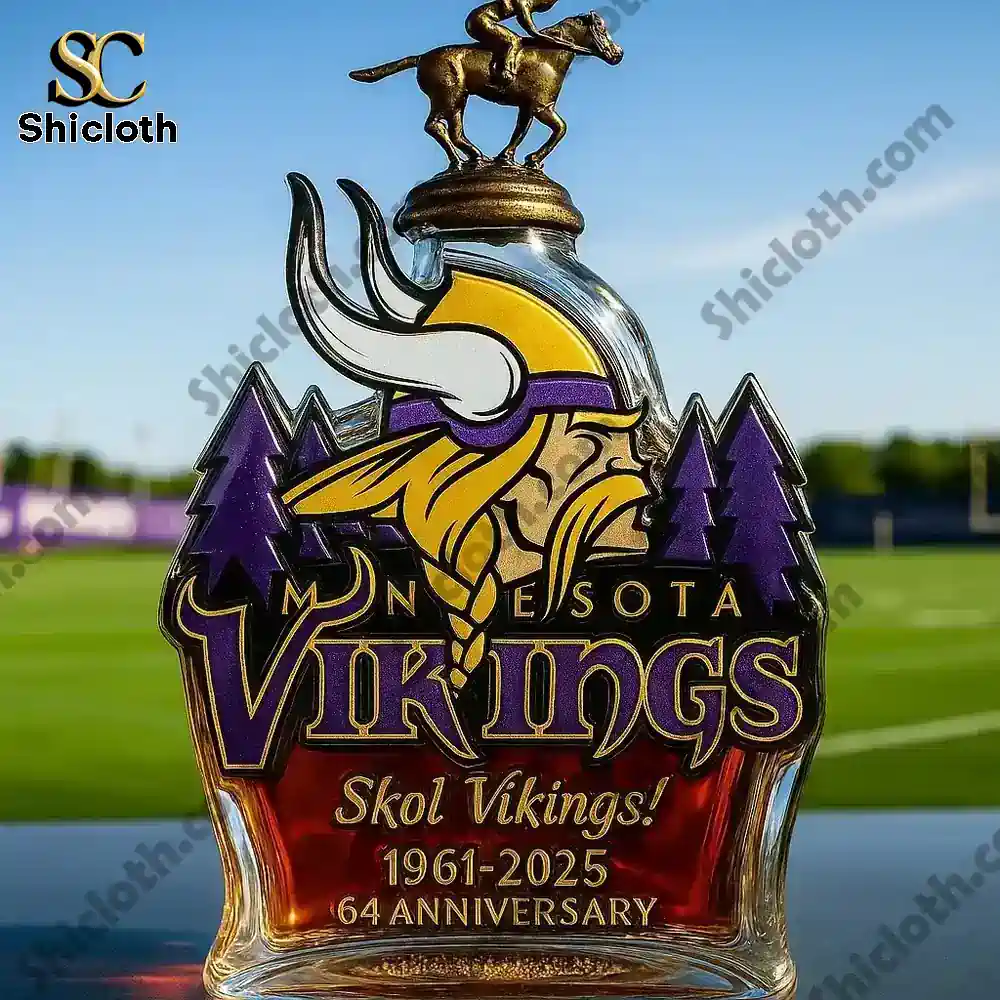 Minnesota Vikings Commemorative Edition Christmas Gift Whiskey Bottle 6 A Minnesota Vikings commemorative bottle on a field with a bronze style rider statue cap.