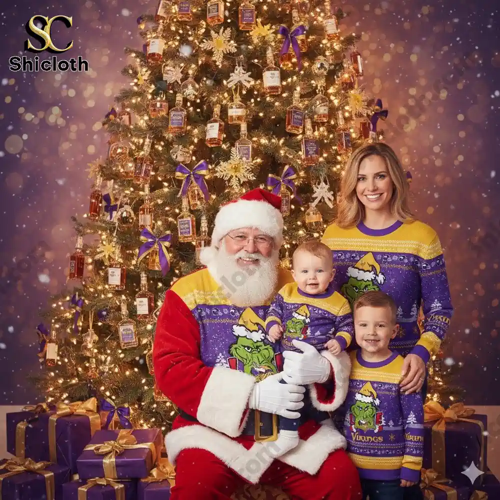 Minnesota Vikings The Grinch wearing a Santa Claus hat Ugly Christmas Sweaters