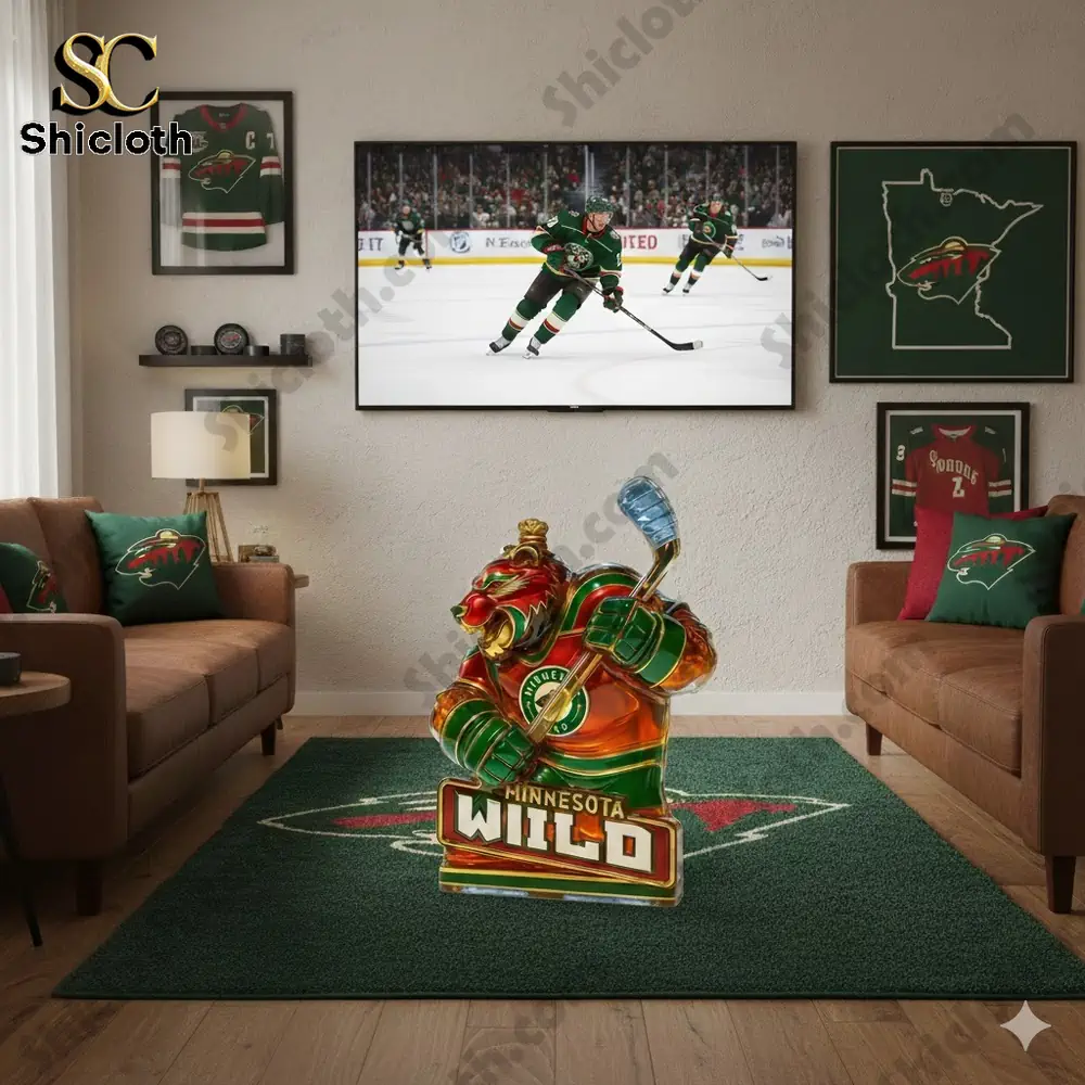 A Minnesota Wild bear figure stands on a themed rug in a living room decorated with team memorabilia.